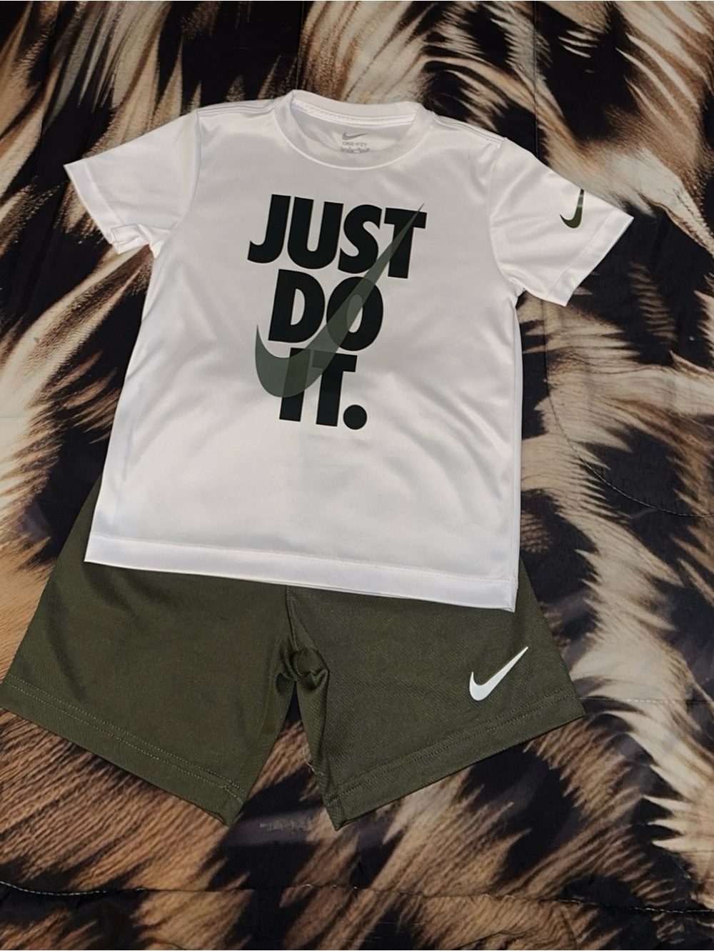 Nike White Tee with Olive Swoosh & Olive Shorts Set